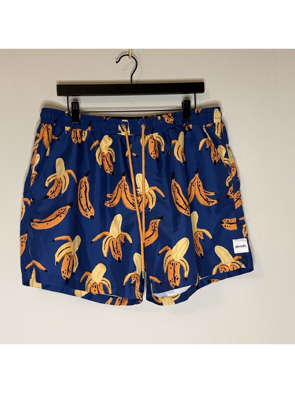 Skwosh Banana Print Swim Trunks Men’s XL Blue Tropical Mesh Lined Shorts